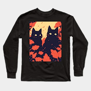 Black Cat Autumn Theme Painted Art Long Sleeve T-Shirt